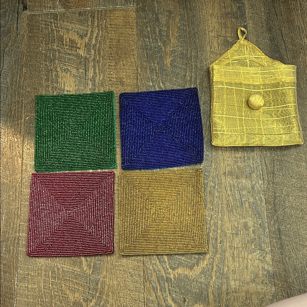 Set 4 Vintage‎ Pottery Barn Glass Hand Beaded Beverage Coasters Square BOHO